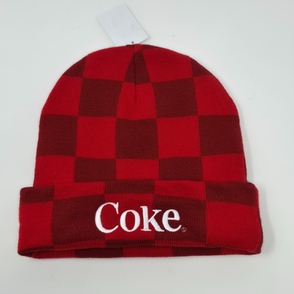 Coca‎ Cola Coke Checkered Beanie Mens OS Red Embroidered Knit Hat